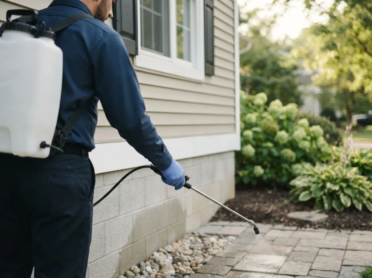 Pest control technician inspecting a home in Mexia, TX